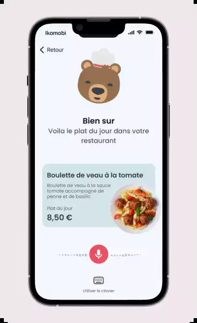 Écran d’IA conversationnel pour restaurant conçu par le Studio Ikomobi.
