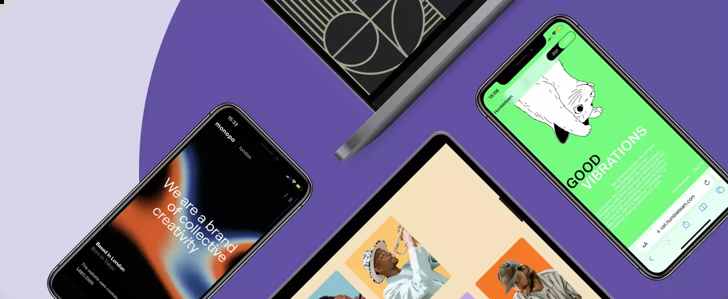 Iphones et MacBook sur un fond violet