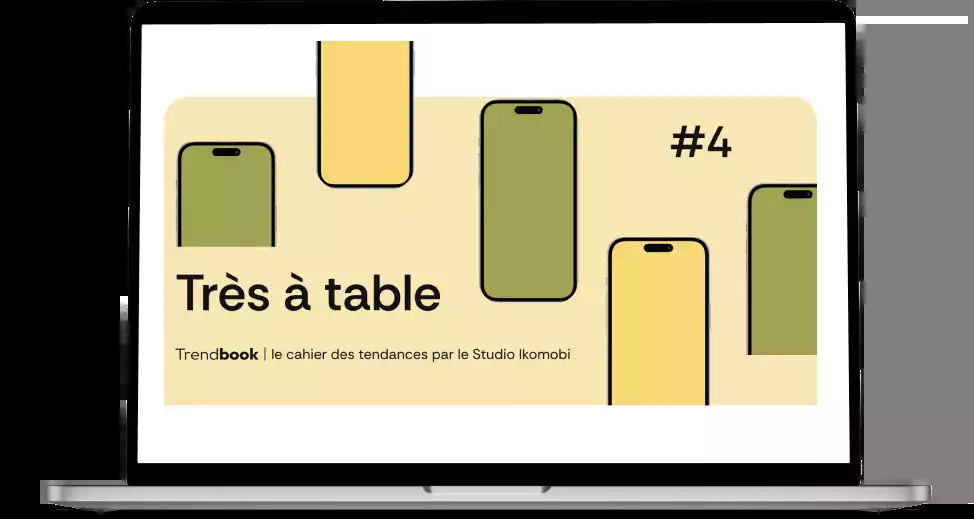 Macbook affichant plusieurs smartphone avec un fond coloré